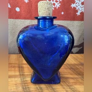 Vintage Cobalt Blue Glass heart shaped bottle vase cork top 7 inches tall